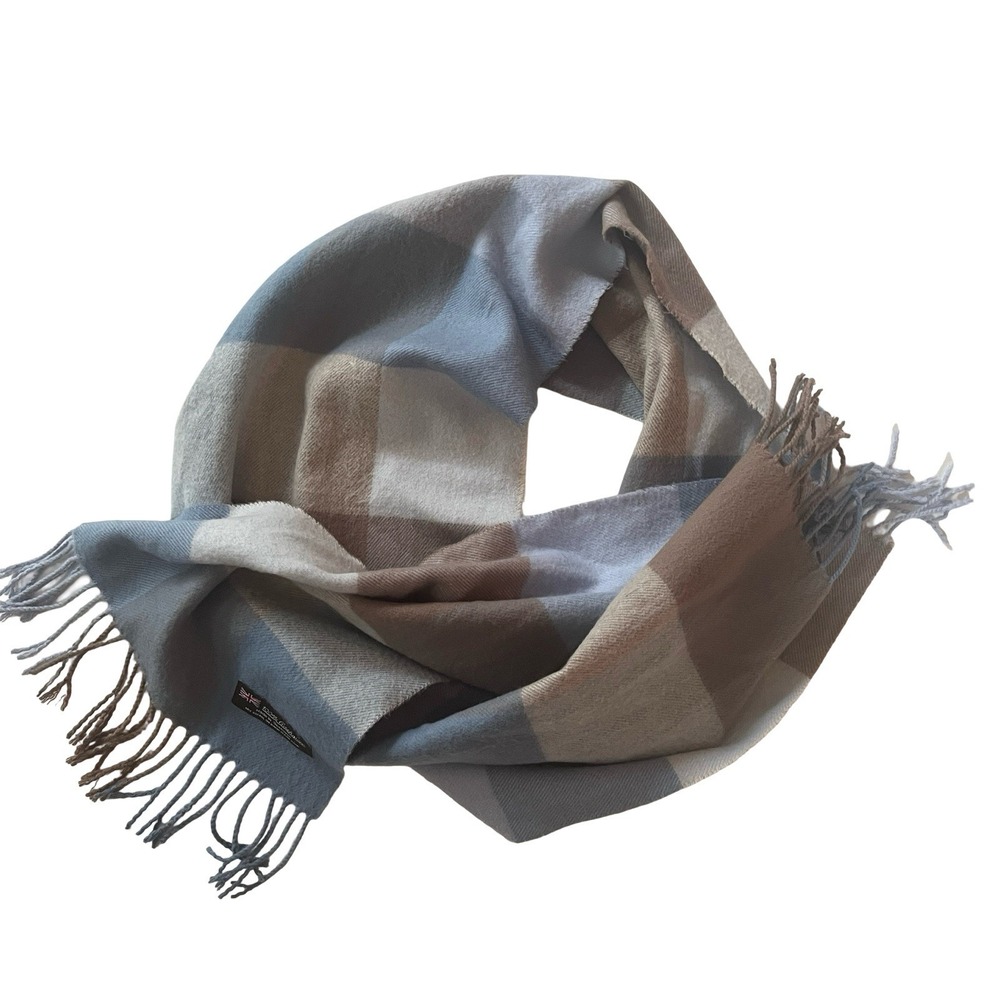 100% Cashmere Rectangle Scarf Plaid Pastel Blue‎ Brown Made in Scotland Fringe